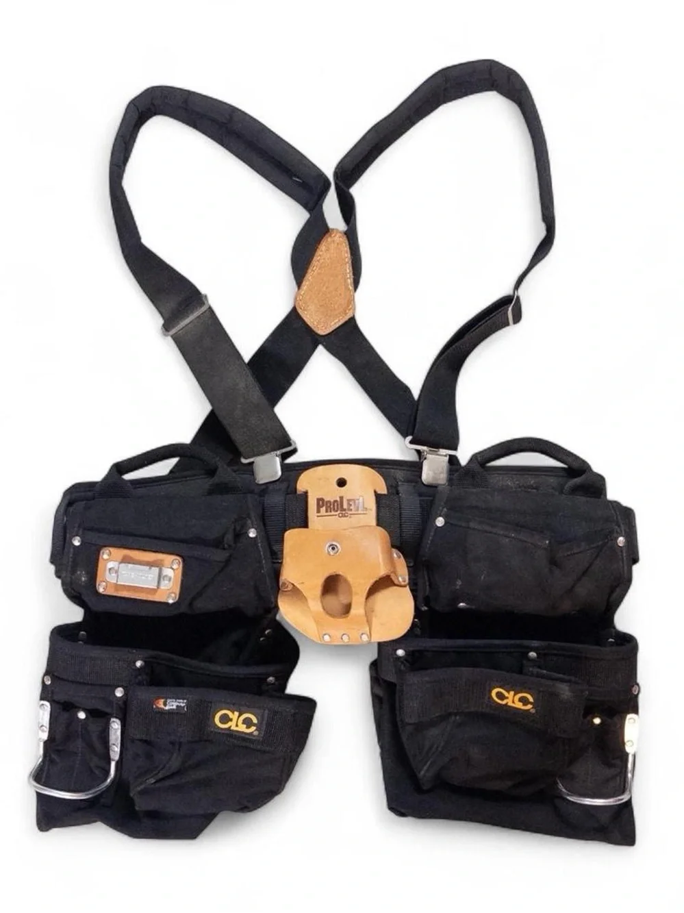 CLC Black Tool Belt Suspenders Leather Accents Pro Level Hammer Holder